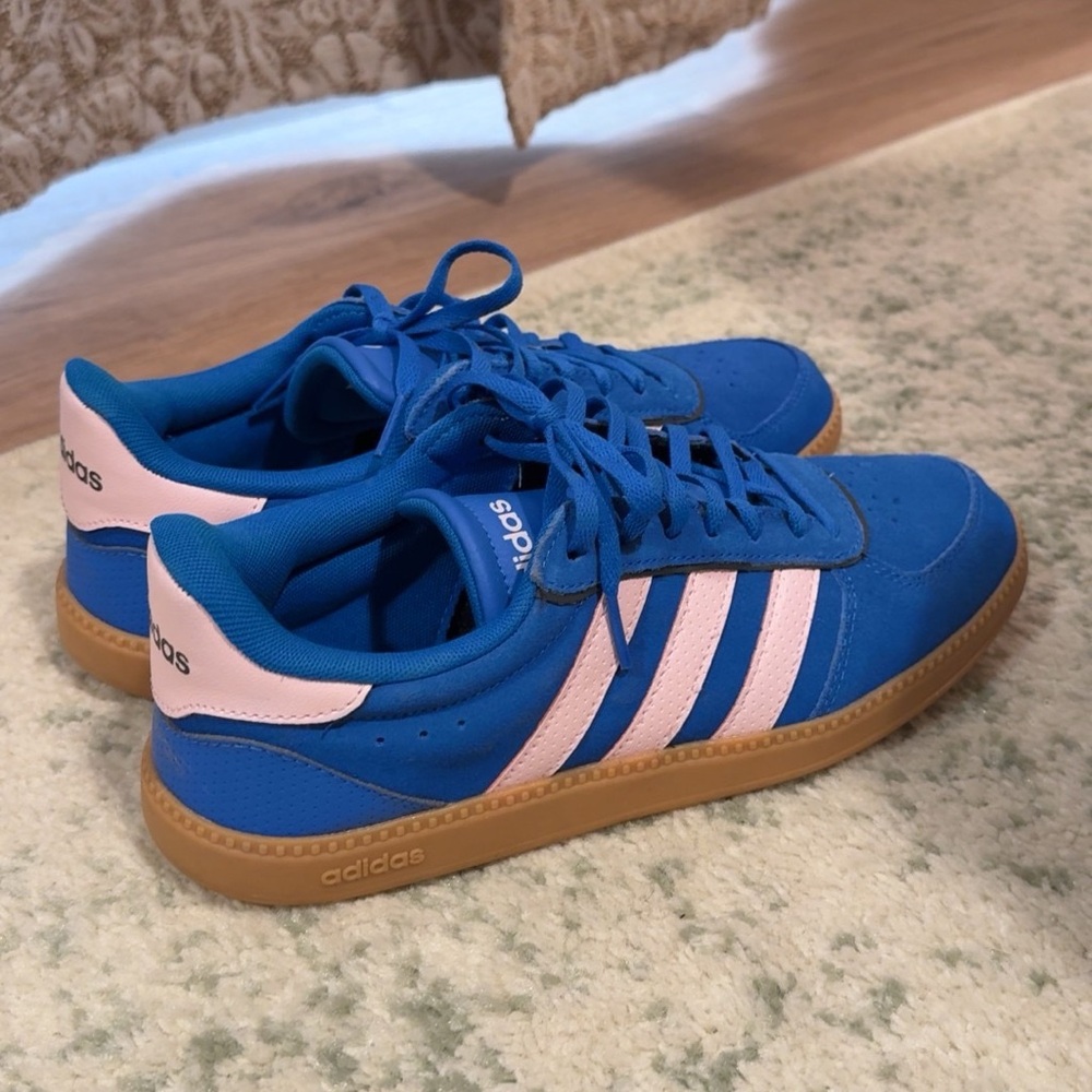 adidas Blue Sneakers with Pink Stripes and Gum Sole